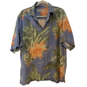 Tommy Bahama 100% Silk Hawaiian Short Sleeve Button Down Shirt Blue Size XL